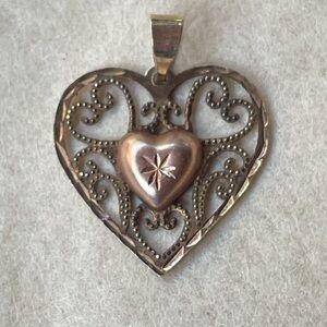 10k Rose & Yellow Solid Gold Heart Vintage Pendant With Filigree Scroll Work
